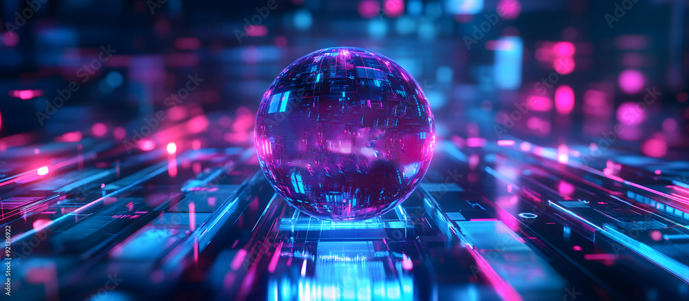 Poster a high-tech banner design where the text data protection is rendered within a holographic sphere. re