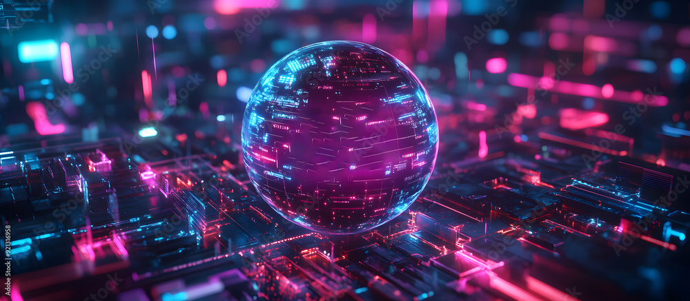 Poster a high-tech banner design where the text data protection is rendered within a holographic sphere. re