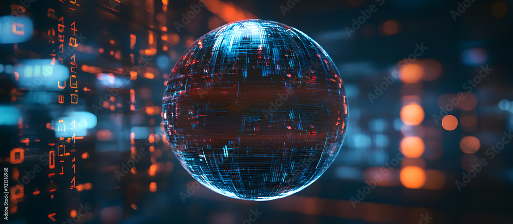 Poster a high-tech banner design where the text data protection is rendered within a holographic sphere. re