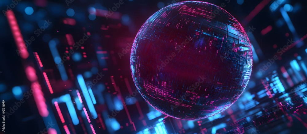 Poster a high-tech banner design where the text data protection is rendered within a holographic sphere. re
