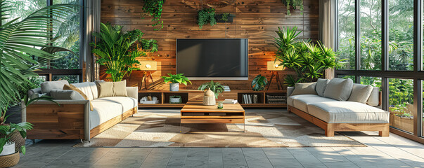 A large living room with a white couch, a coffee table, and a rug. The room is decorated with a large picture on the wall and a potted plant. The atmosphere of the room is cozy and inviting