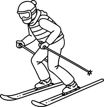 recommend clip art: Vector illustration skier downhill skiing winter sport activity black white line art drawing