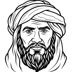Arab Man Illustration in Traditional Turban Black and White Vector Drawing Cultural Symbolism