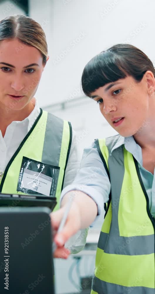 Poster Discussion, tablet and women in collaboration, warehouse and programming of mechanical engineer with app. Planning, laptop and teamwork in factory, people and reading of information and online