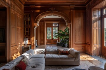 Fototapeta premium A room with intricate wood paneling and a comfortable couch, Intricate architectural details throughout the space