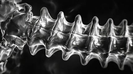 Close-up black and white image of a spine, showcasing the intricate details and structure of vertebrae in a medical context.