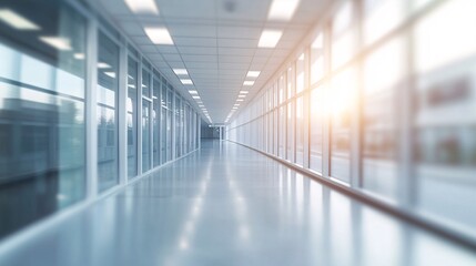 Blurred, office interior with glass walls and white floor, blurred background, copy, photography of an empty hallway in a business center with morning, space
