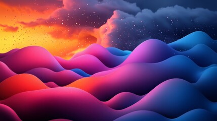 an abstract landscape with layered cloud formations glowing in neon colors ranging from deep blues to vibrant oranges and yellows, evoking a sense of wonder.