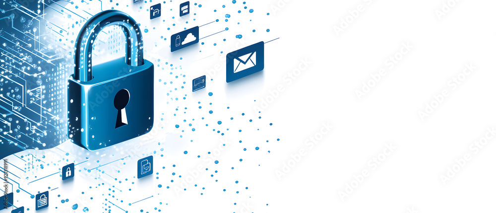 Poster a high-tech banner design where the text data security with a digital padlock design