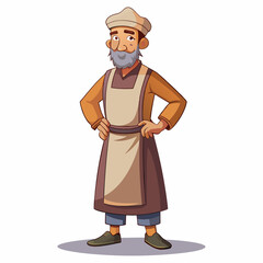 A middle-aged man in a robe and apron with a cap on his head art vector illustration
