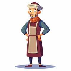 A middle-aged man in a robe and apron with a cap on his head art vector illustration