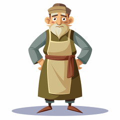 A middle-aged man in a robe and apron with a cap on his head art vector illustration