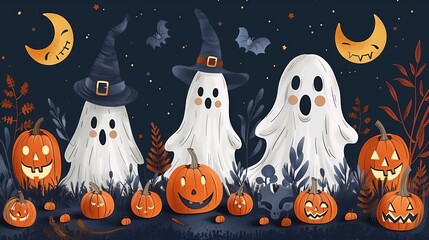 Obraz premium Cute ghost halloween illustration background
