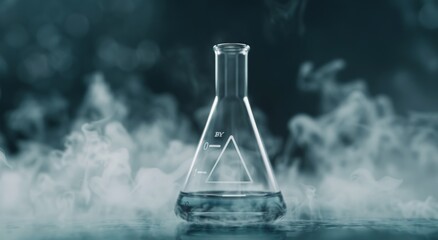 Laboratory Flask Surrounded by Mist on a Dark Surface