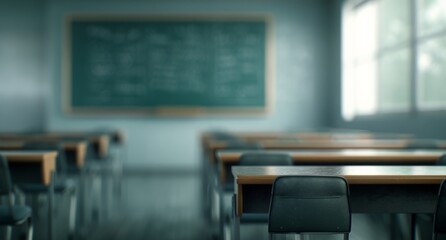 Classroom With Empty Desks During Morning Light in Educational Setting