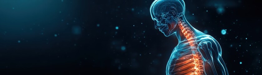 3D rendering of a human skeletal system highlighting the spine. Medical and scientific illustration of anatomy and vertebrae health.