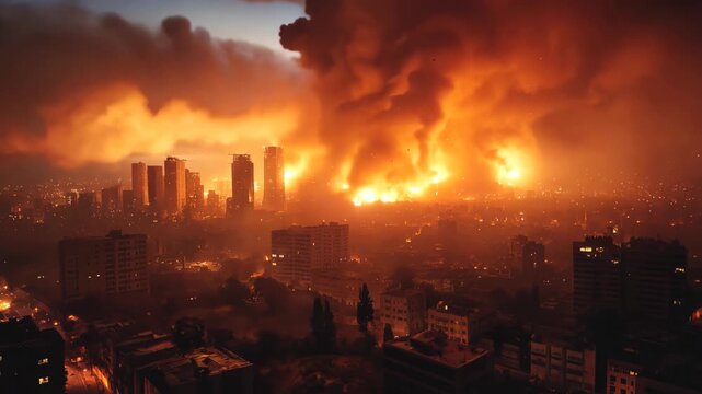 urban cityscape burning with fire flame , black smoke floating in the air, Armageddon, nuclear war concept	
