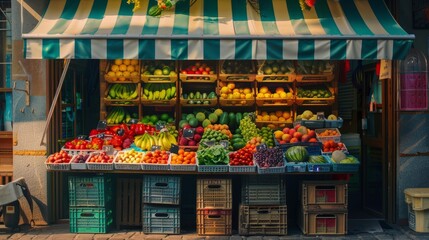 Colorful market stall with fresh fruits and vegetables, vendor smiling