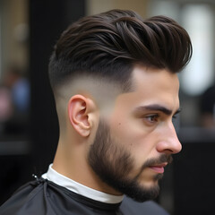 Fototapeta premium Hombre en una peluquería con el pelo recién cortado con los lados rapados y peinado hacia atrás 