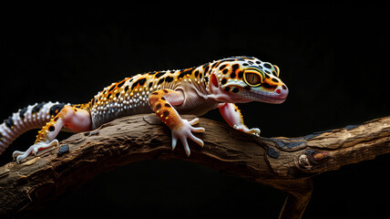 Leopard Gecko with vibrant and detailed skin colors, perched gracefully on a branch, black velvet background