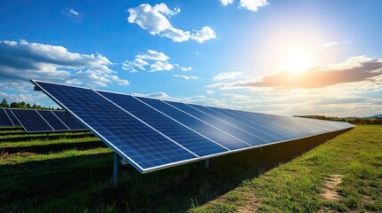 Solar panel produces green, environmentally friendly energy from the setting sun. AI generated image