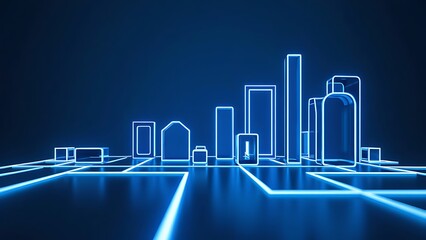 Fototapeta premium 3d render, abstract blue neon background. Assorted geometric linear shapes glowing in the dark. Minimalist wallpaper
