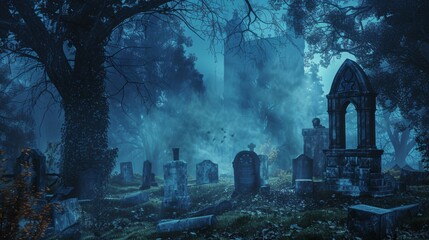 Haunted graveyard with Gothic church, tombstones, and bats under a foggy, eerie atmosphere