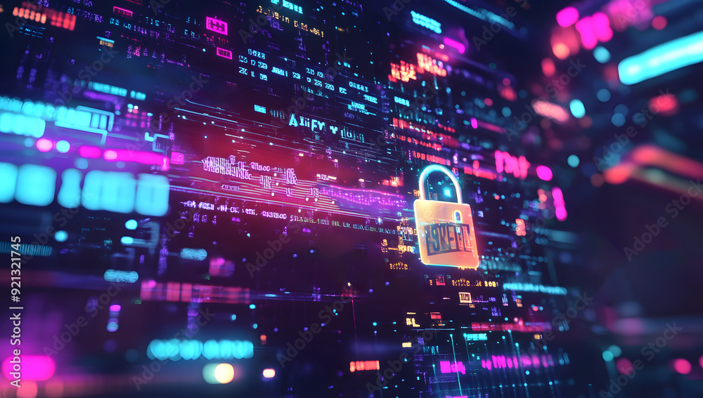 Fototapete a high-tech banner design with text data encryption with a digital padlock, symbolizing the robust i