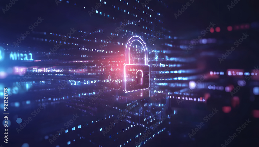 Fototapete a high-tech banner design with text data encryption with a digital padlock, symbolizing the robust i