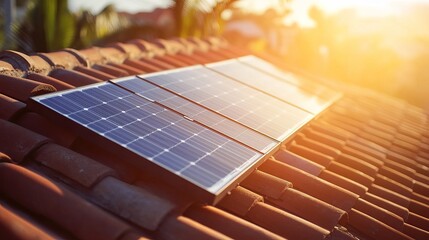 A large number of black solar panels on the red tile roof. AI generated image