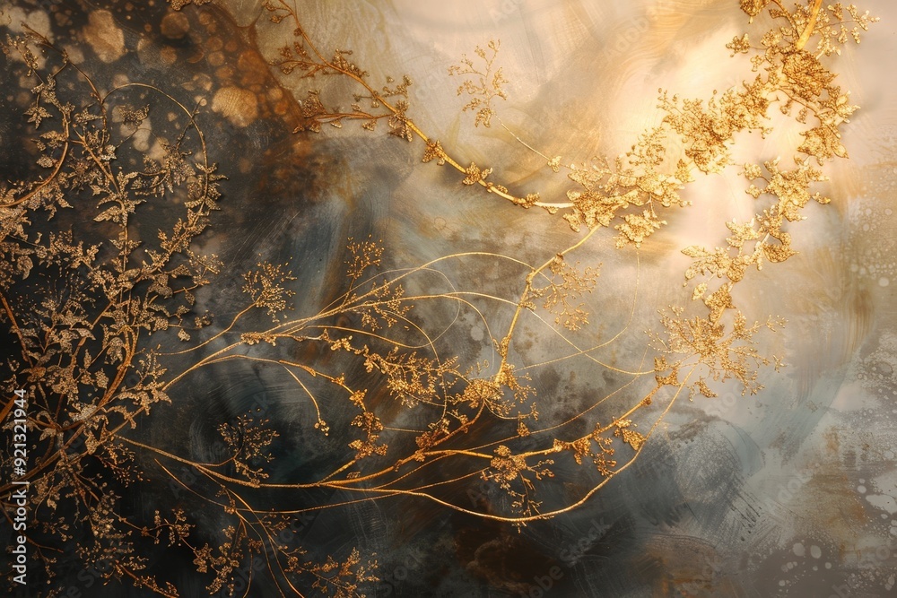 Poster Gold leaves and branches intricately intertwine in an abstract painting, Intricate golden filigree intertwining with soft, ethereal brushstrokes