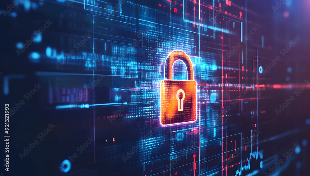 Fototapete a high-tech banner design with text data encryption with a digital padlock, symbolizing the robust i