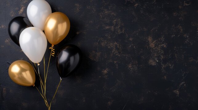 Elegant balloons with golden outlines forming a sophisticated backdrop for a birthday celebration, set against a deep black background for a striking contrast.