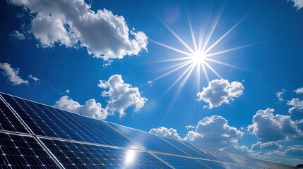 Close-up of Solar cell farm power plant eco-technology. Concept of sustainable resources and renewable energy. Sun and blue sky. AI generated image
