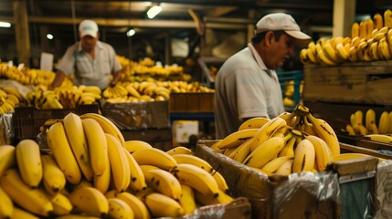 The bananas are sorted by quality and size and then packed. In the background, men can be seen sorting bananas. Sale, sale of bananas.