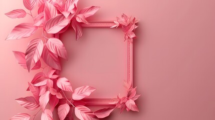 Obraz premium Pink leaves arranged around an empty square frame on a pink background. Flat lay composition with copy space