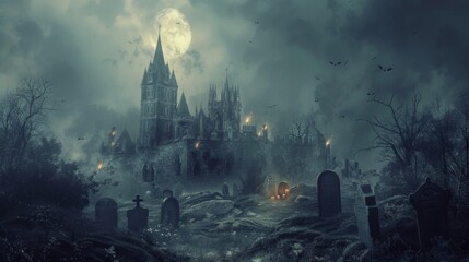 Fototapeta premium Spooky scene of a haunted castle atop a hill under a full moon, surrounded by eerie graveyard and twisted trees