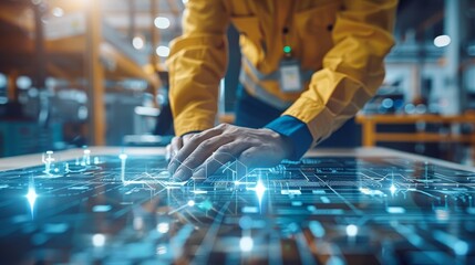 Innovative Engineer Using Data Analysis in Construction Planning with Digital Tools and Blueprints