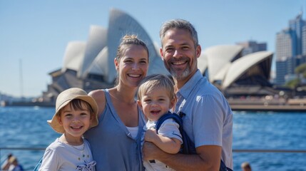 Fototapeta premium A family of four posing in front of the Sydney opera house. The mother and father are smiling and hugging their two children.