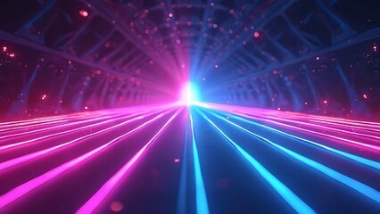 Obraz premium 3d rendering, abstract neon background with ascending pink and blue glowing lines. Fantastic wallpaper with colorful laser rays