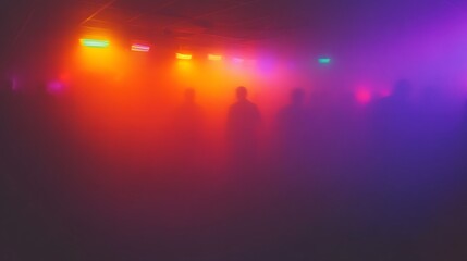 Photograph of people dancing in a dark club, laser lights shining on the crowd, smoke and fog, purple and blue lights, in the style of unsplash photography