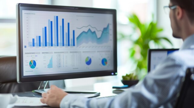 The image shows a close-up of a businessman's hands working on a computer. The computer screen displays a chart with graphs and numbers, indicating some sort of financial or analytical data.