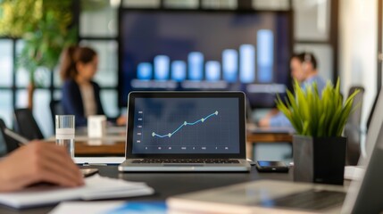 A laptop displaying a line graph in an office setting. The graph shows a trend with a start and end point.