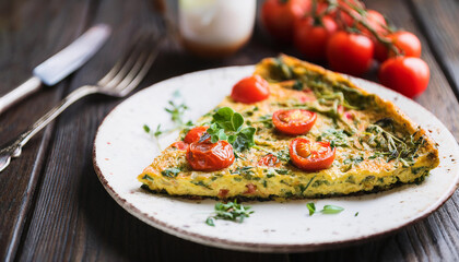 Traditional frittata with tomatoes. Tasty omelette with vegetables. Healthy breakfast.