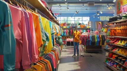 Clothes on sale in a discount store, customers rummaging through racks