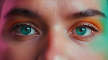 Obraz premium Abstract Grainy Gradient Background – Orange, Teal, Green, Pink with Girl's Eyes, Noise Texture Effect, Summer Poster Design