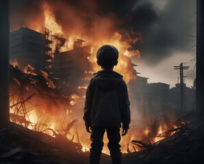 Obraz premium little boy infront of a burning city
