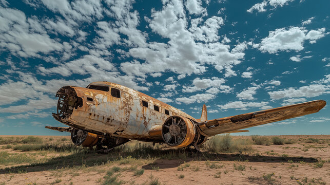 Beautifully captured remains of an old, rusty plane abandoned on the desert sands, surrounded by scattered sky and light clouds.