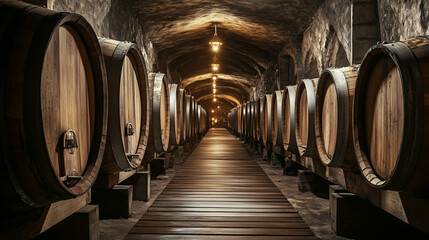 A long, dimly lit tunnel through a rustic wine cellar where old oak barrels rest on damp wooden floors.