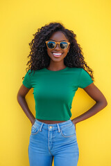 Fototapeta premium Smiling woman wearing sunglasses and green crop top posing against yellow background. Outdoor fashion portrait. Summer style concept